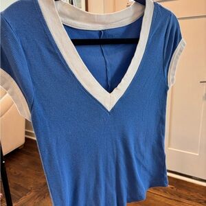 Pilcro Blue V-Neck Short Sleeve Ribbed Top with White Trim